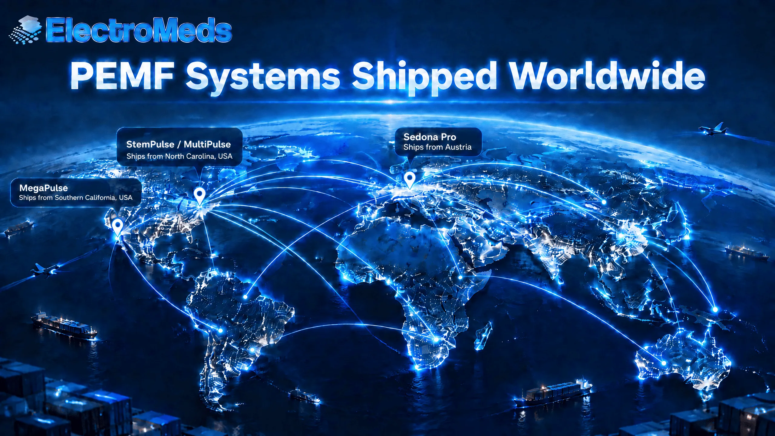 ElectroMeds PEMF systems shipped worldwide from San Diego, California — clinical high-intensity PEMF therapy devices delivered to international customers.