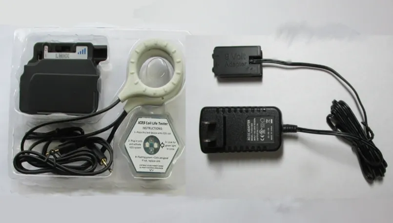 StemPulse with 9V Adapter — device, coil, 9V battery adapter, AC adapter, and coil life tester
