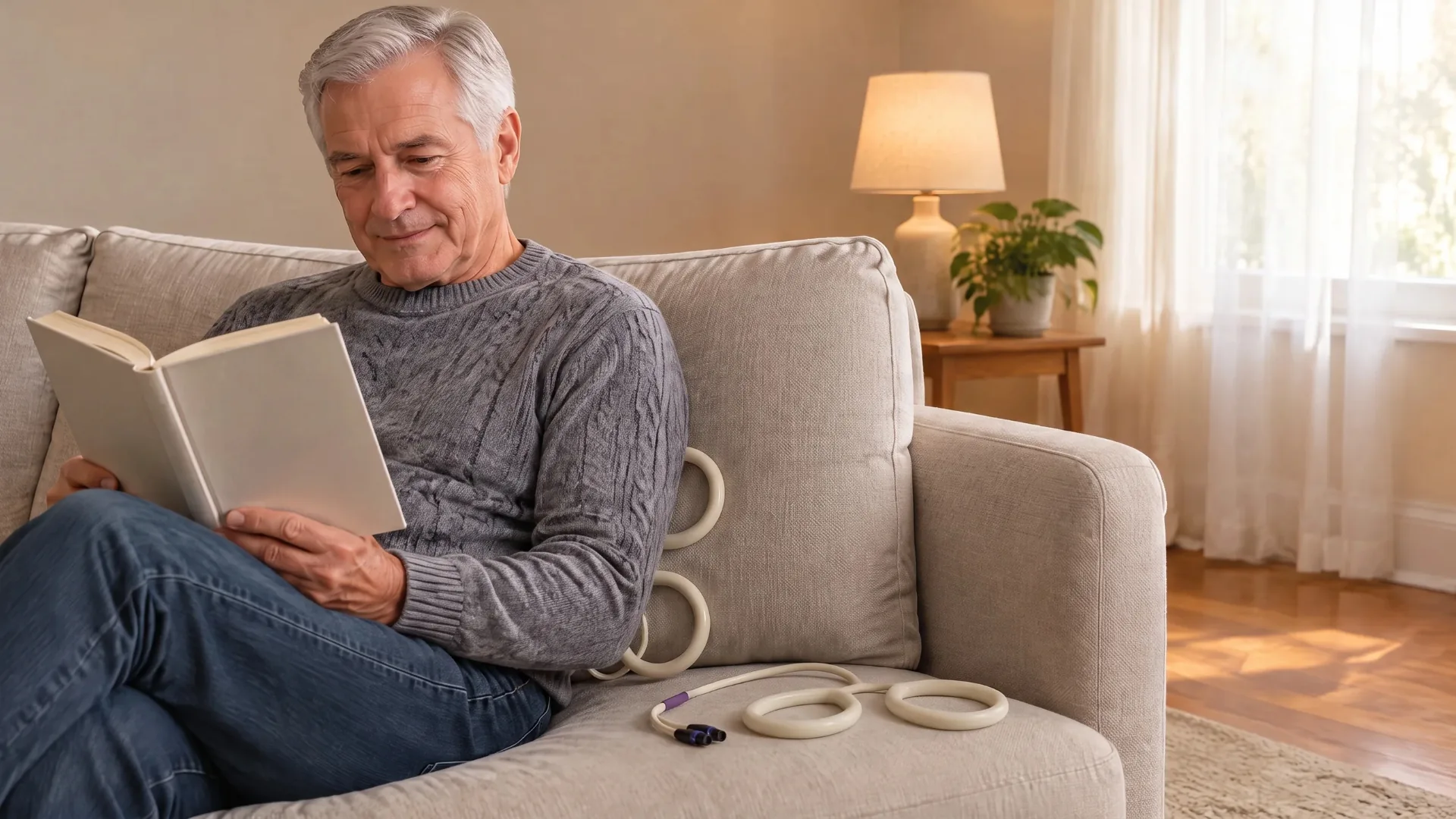 Older man reading on his living room couch with a PEMF butterfly loop applicator behind his back