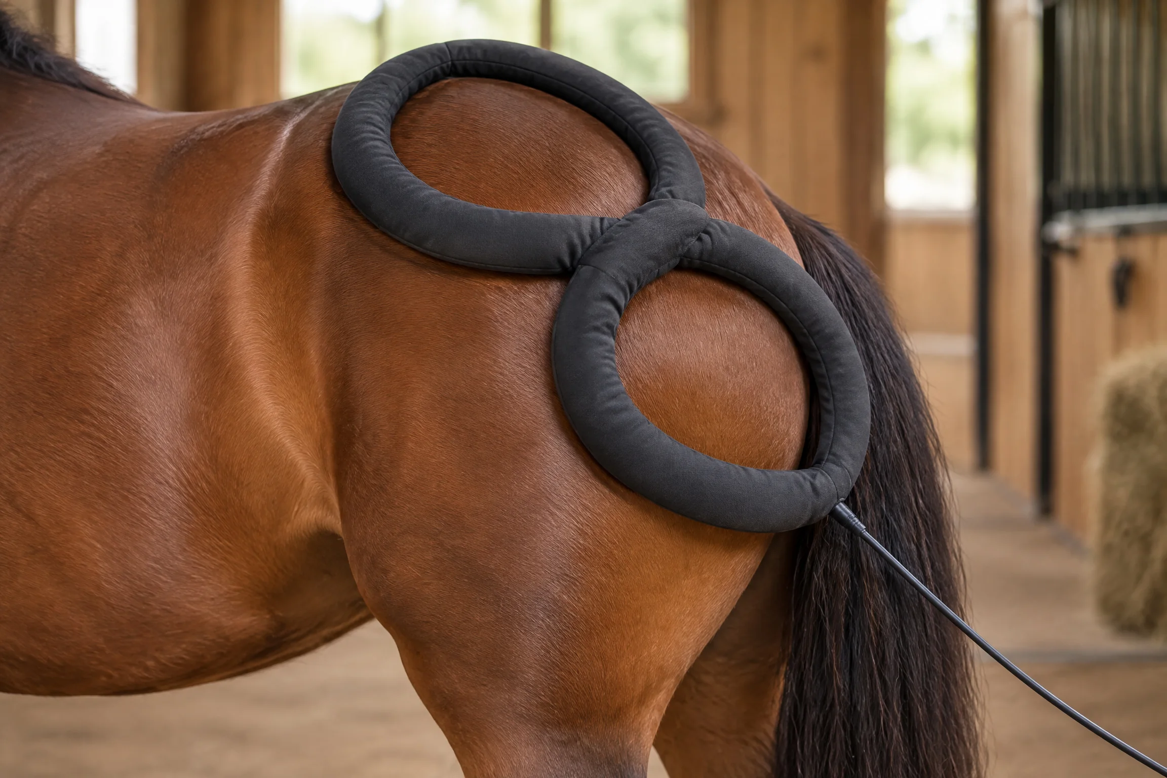 Butterfly loop PEMF applicator draped over a horse's hindquarters