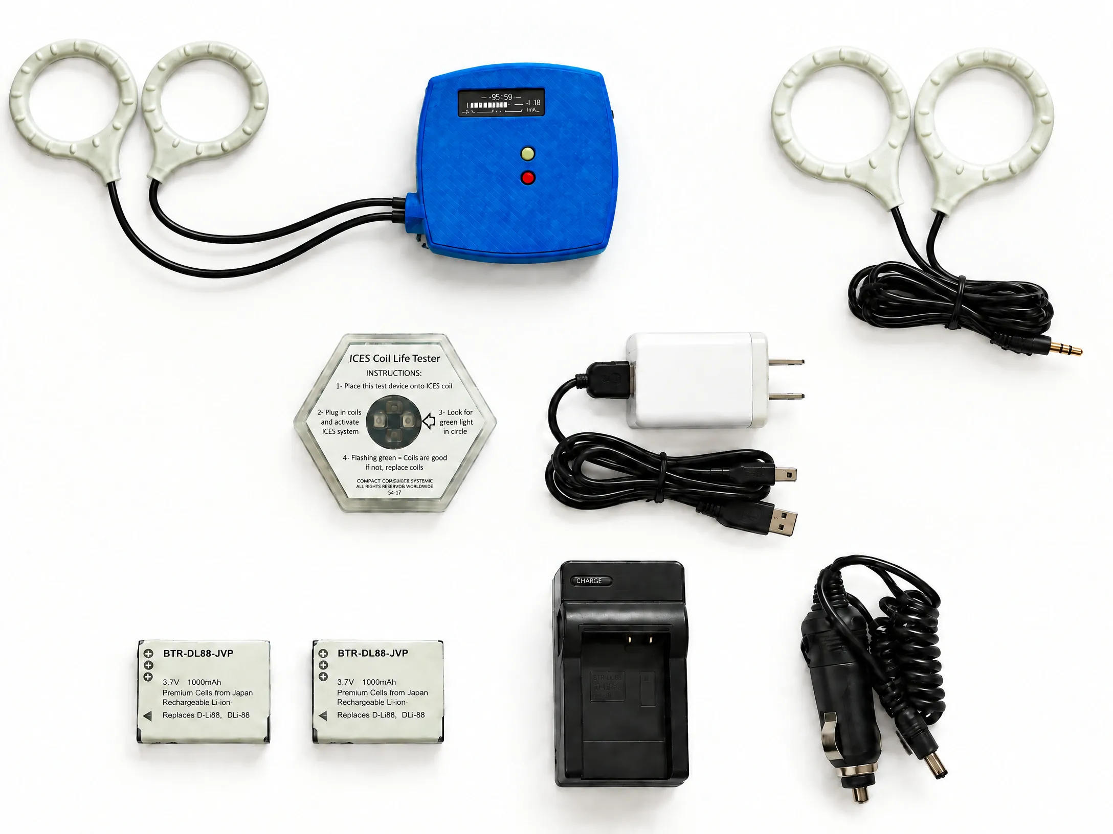 MultiPulse Basic System: portable PEMF controller, two pairs of dual gel-loop coils, batteries, charger, and coil-life tester