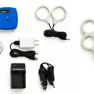 MultiPulse Full System — blue controller, two pairs of dual gel-loop coils, and the four-hole Box Coil Array applicator with charger, batteries, and coil-life tester on white background