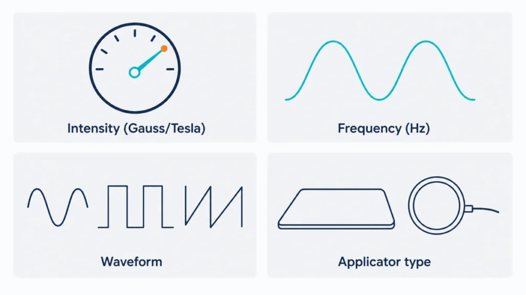 Key PEMF device specifications: intensity, frequency, waveform, and applicator
