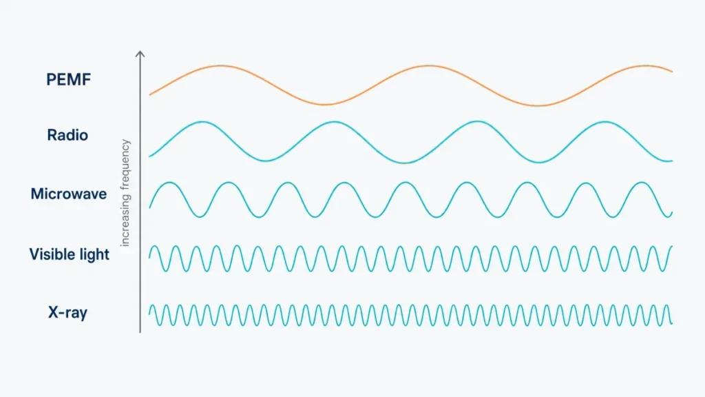 PEMF compared with radio, microwave, visible light and X-ray frequencies