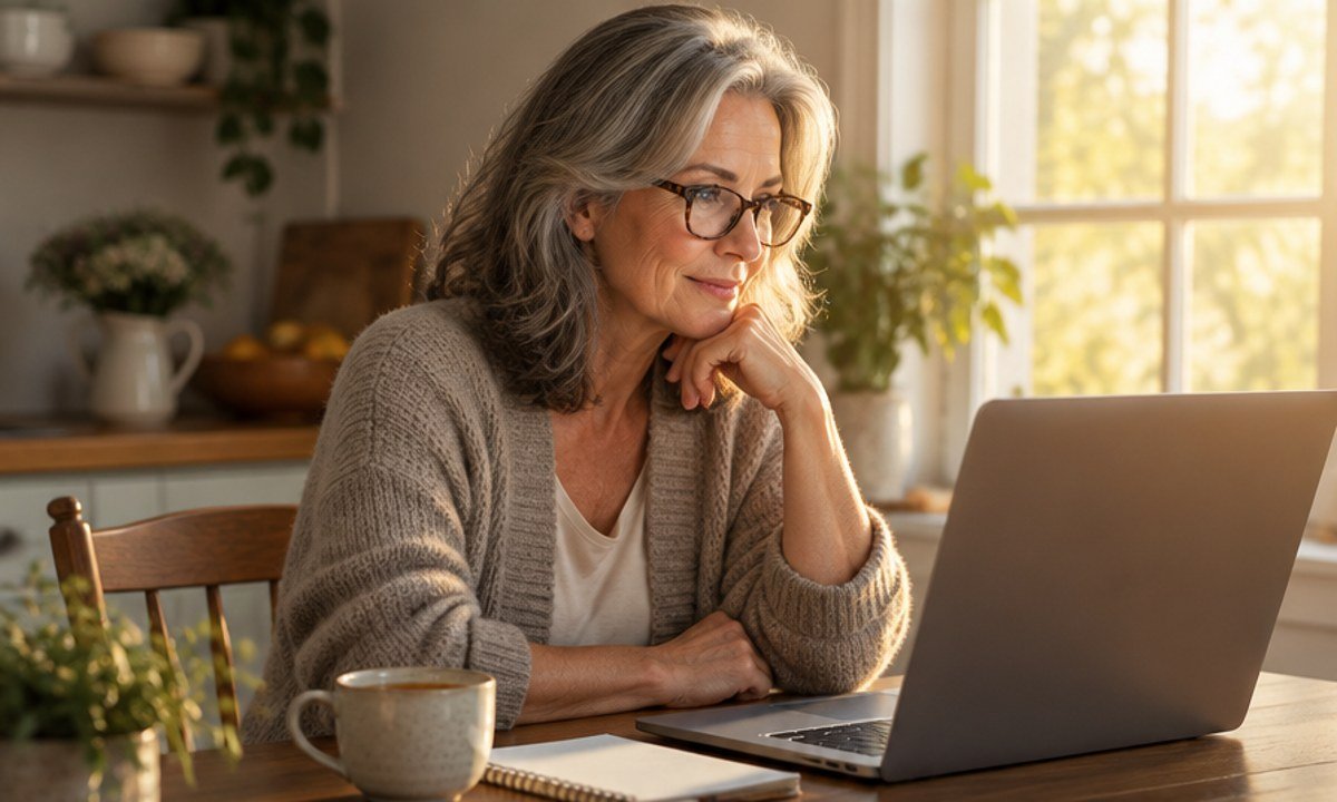 Woman reading published research on a laptop at her kitchen table
